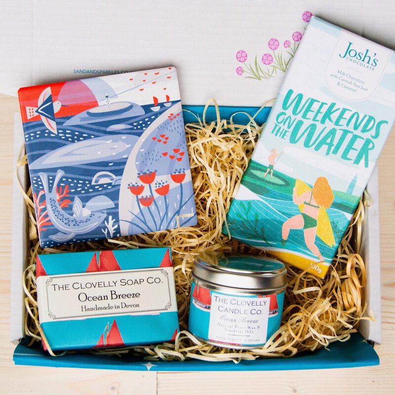 Beach Lovers Gift Set with Cornish Coaster, Devon handmade soap and ocean breeze candle, Cornish chocolate in a Sand and Sparkle gift box