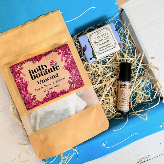 Calming Gift Set with herbal unwind tea, aromatherapy roll on and artisan lavender soap