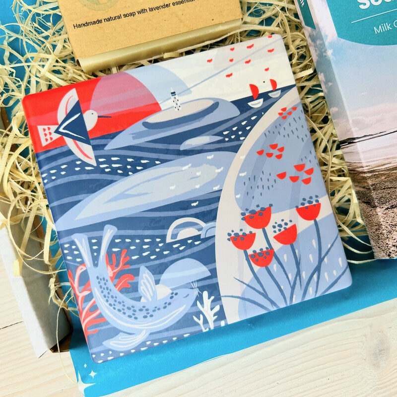 Cornish Coastal Gift Set with Godrevy illustrated coaster