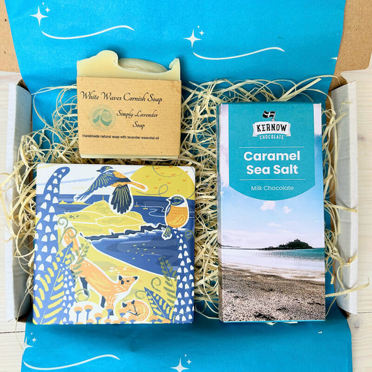 Coastal Cornish Letterbox Gift Set - Coastal- with illustrated Cornish coaster, handmade Cornish soap and Cornish artisan chocolate from Kernow Chocolate