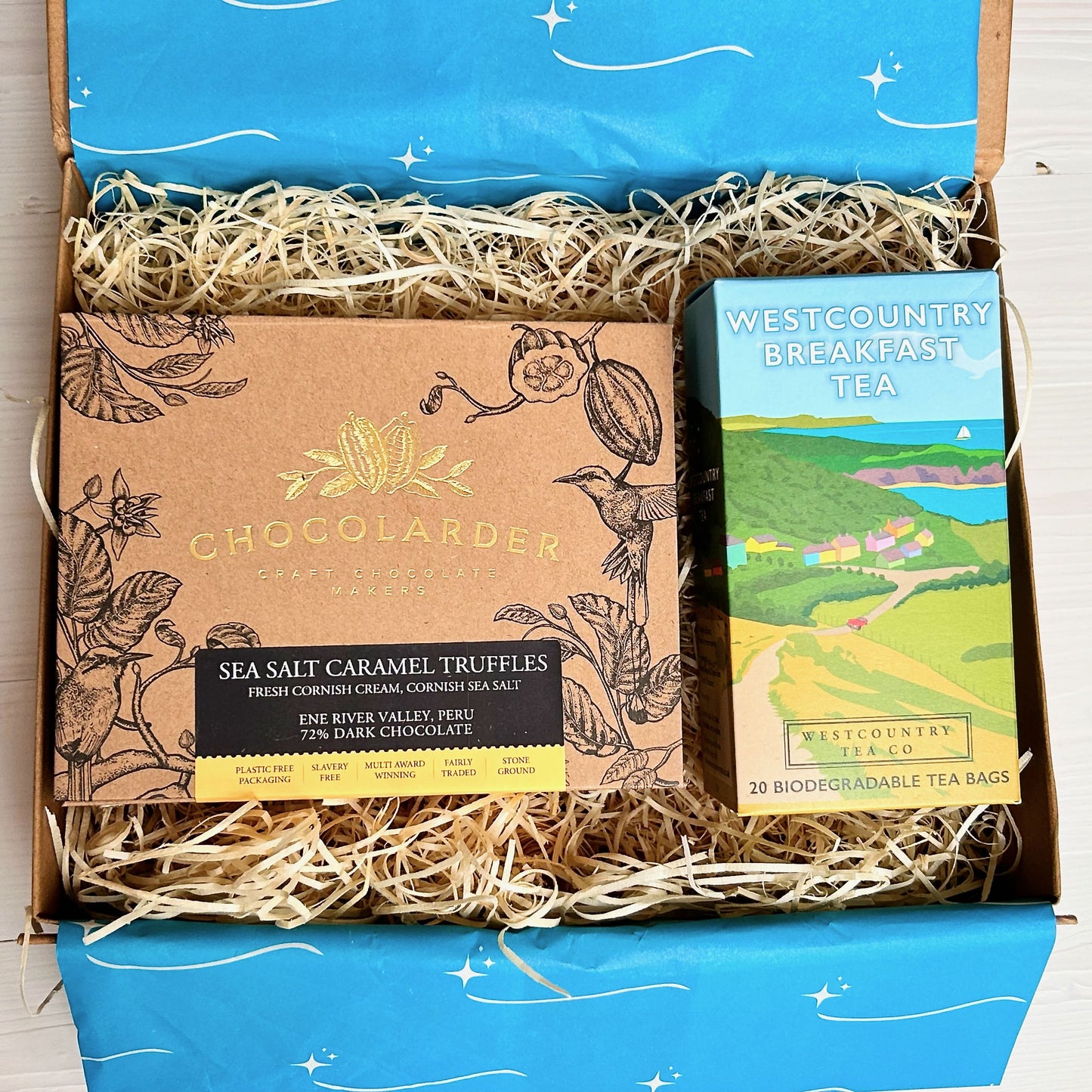 Luxurious Cornish Gift Box with hand-crafted sea salt caramel truffles and Westcountry Breakfast Tea. 