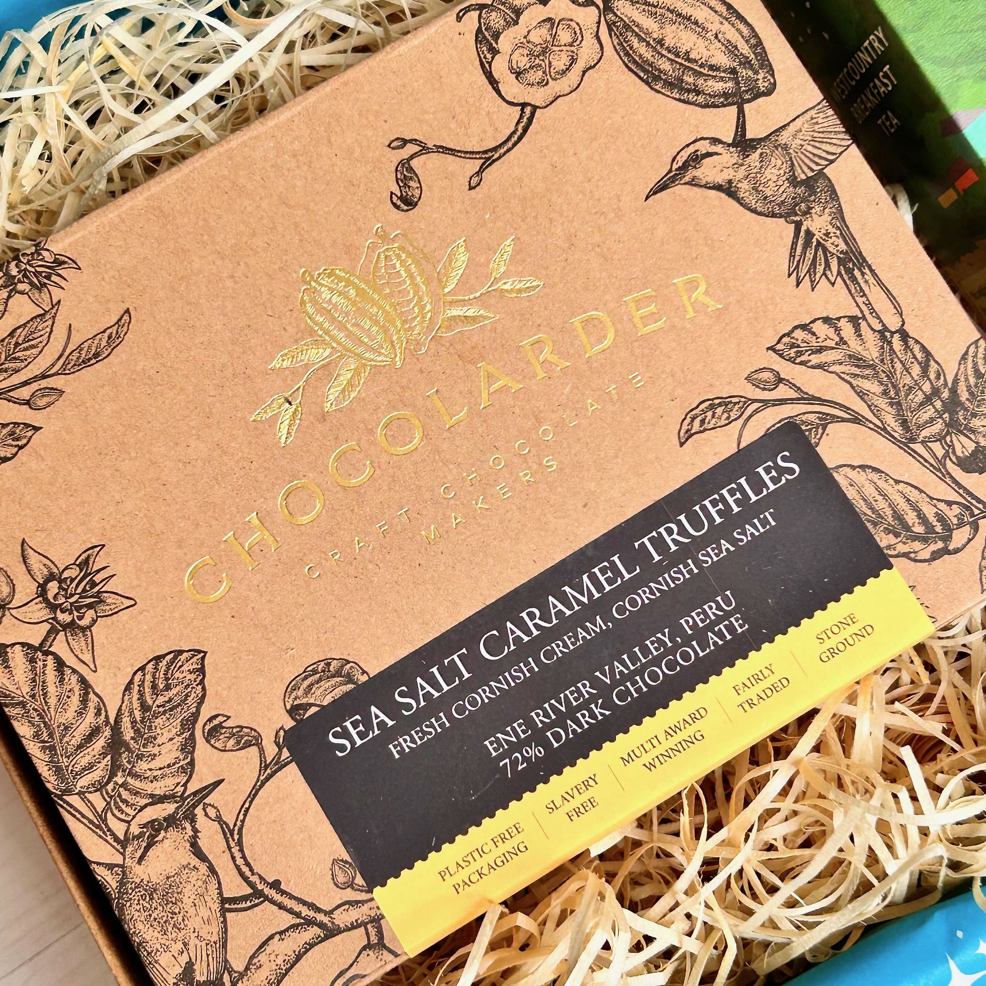 Luxurious Cornish Gift Box with hand-crafted sea salt caramel truffles and Westcountry Breakfast Tea. 