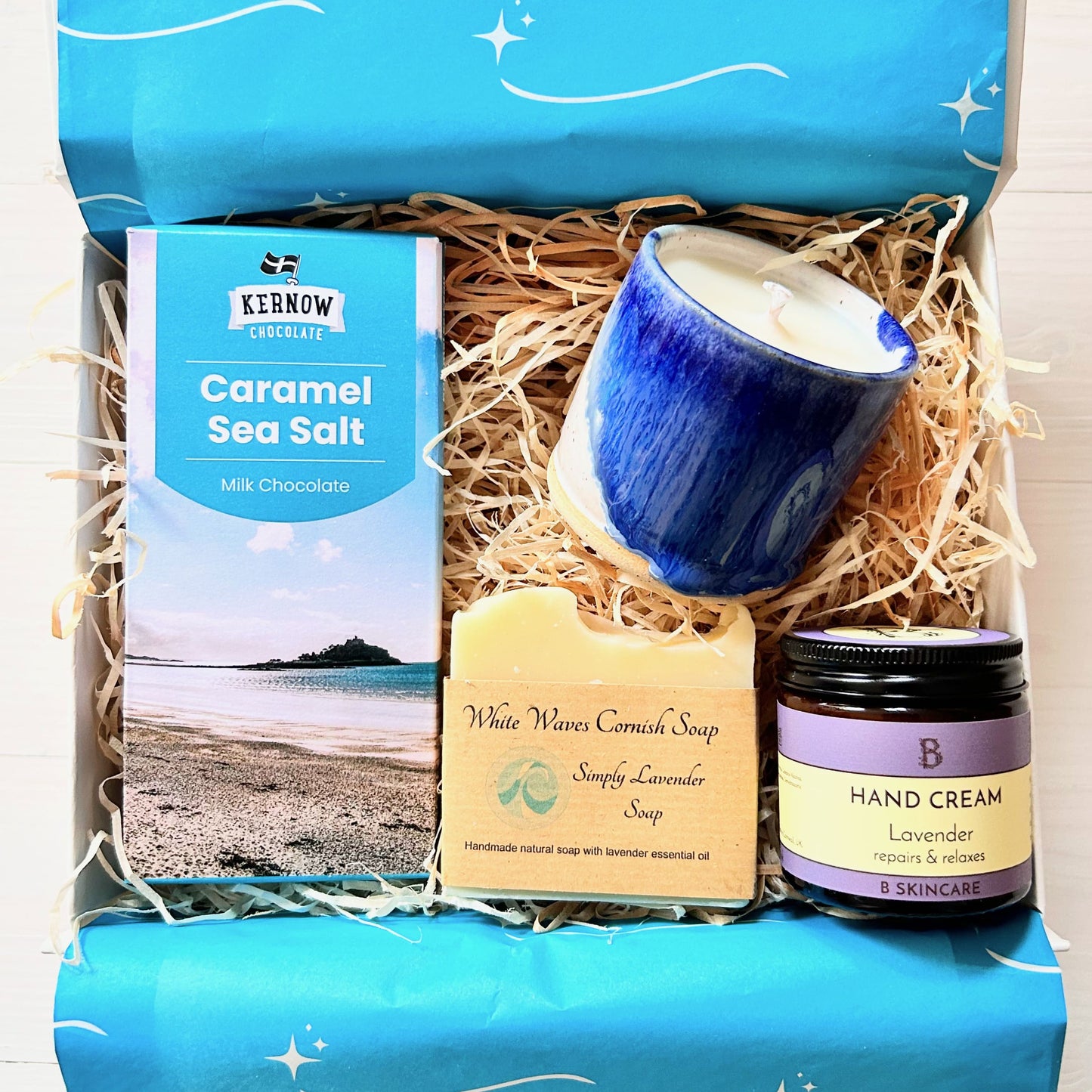 Luxury Cornish Gift Set with Ceramic coastal candle, natural hand-made soap, artisan hand cream and chocolate