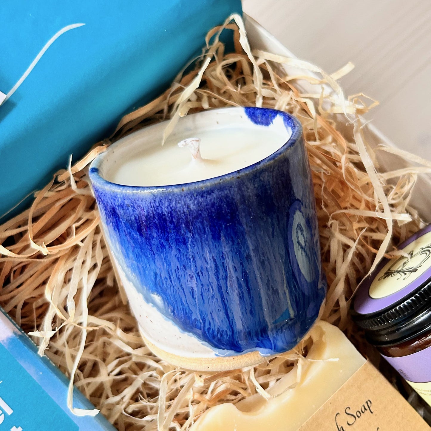 Luxury Cornish Gift Set with Ceramic coastal candle, natural hand-made soap, artisan hand cream and chocolate