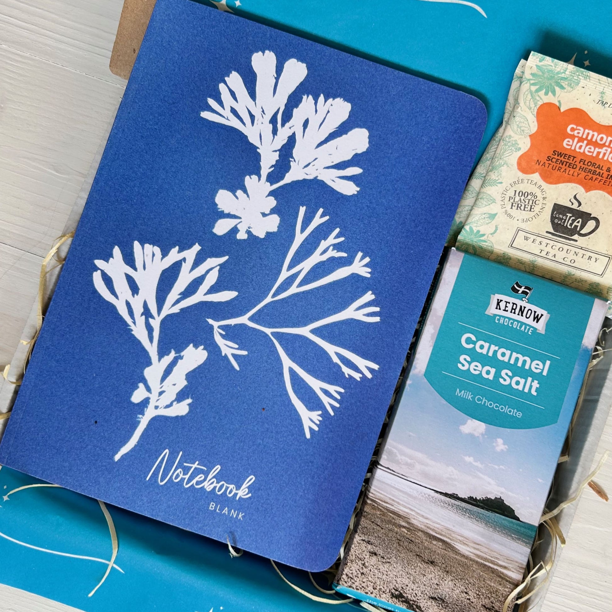 Mindfulness Gift Set with coastal designed Notebook, artisan chocolate and herbal tea - from Cornwall