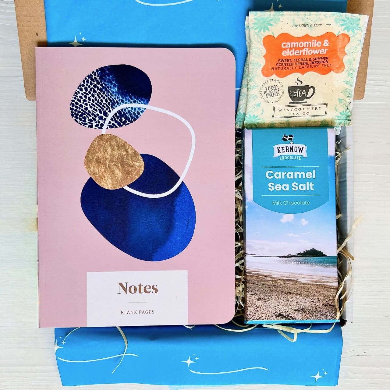 Mindfulness Gift Set with coastal designed Notebook, artisan chocolate and herbal tea - Cornish gifts