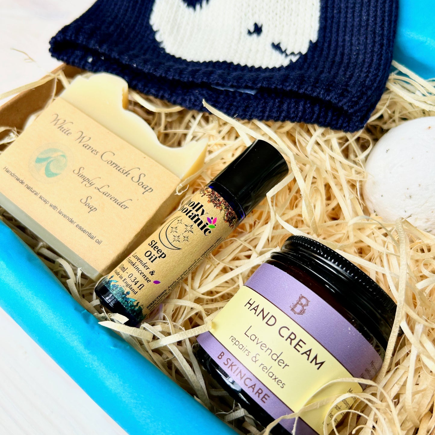 New Mum Hamper with Cornish hand cream, Devon made aromatherapy sleep oil, Cornish soap, ocean breeze bath bomb and Cornish baby beanie