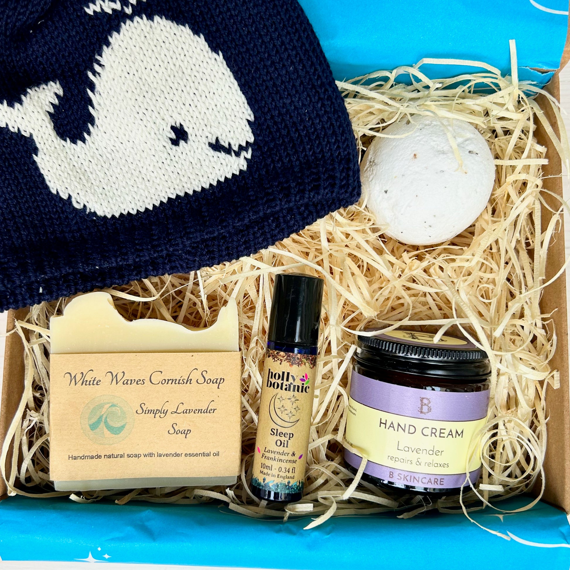 New Mum Hamper with Cornish hand cream, Devon made aromatherapy sleep oil, Cornish soap, ocean breeze bath bomb and Cornish baby beanie