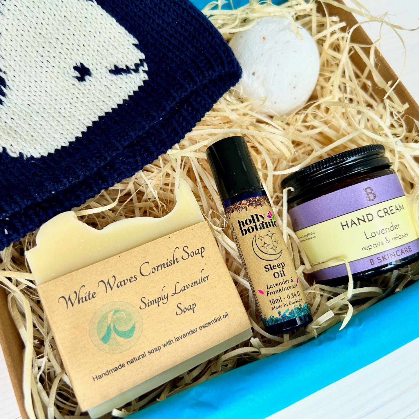 New Mum Hamper with Cornish hand cream, Devon made aromatherapy sleep oil, Cornish soap, ocean breeze bath bomb and Cornish baby beanie