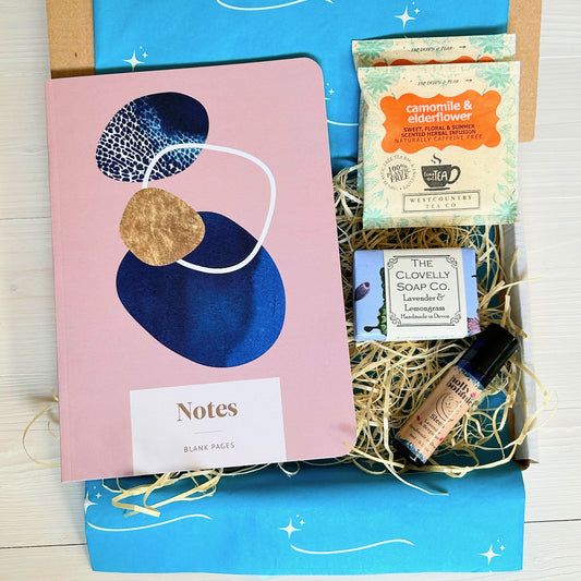 Notebook Gift Set with Coastal inspired notebook, lavender soap, aromatherapy oils and herbal tea