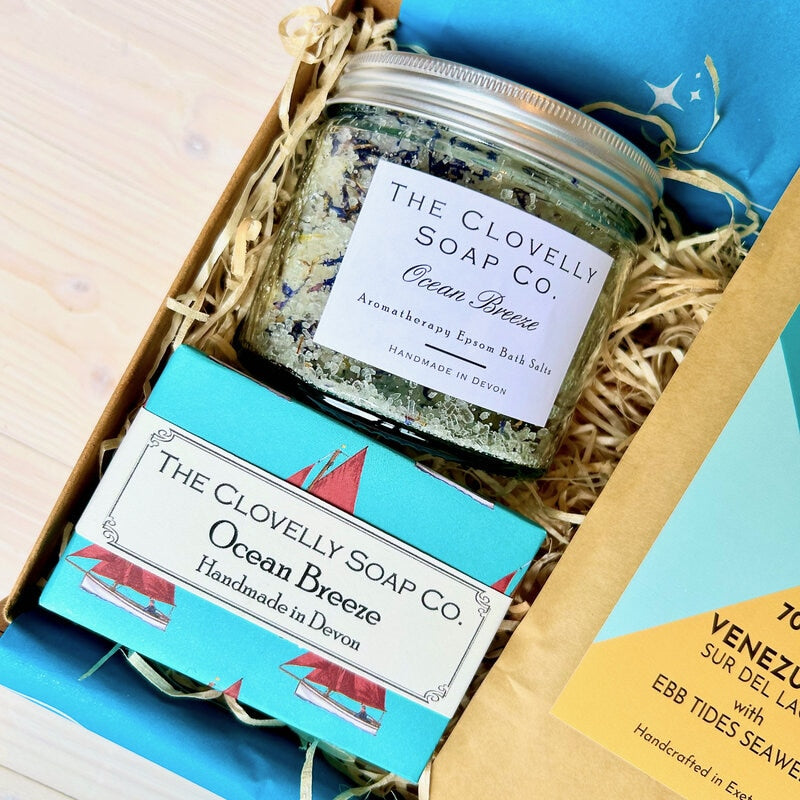 Ocean Gift Set from Devon with Ocean Breeze Bath Salts, Ocean Breeze handmade soap, Exe Chocolate with Devon harvested seaweed