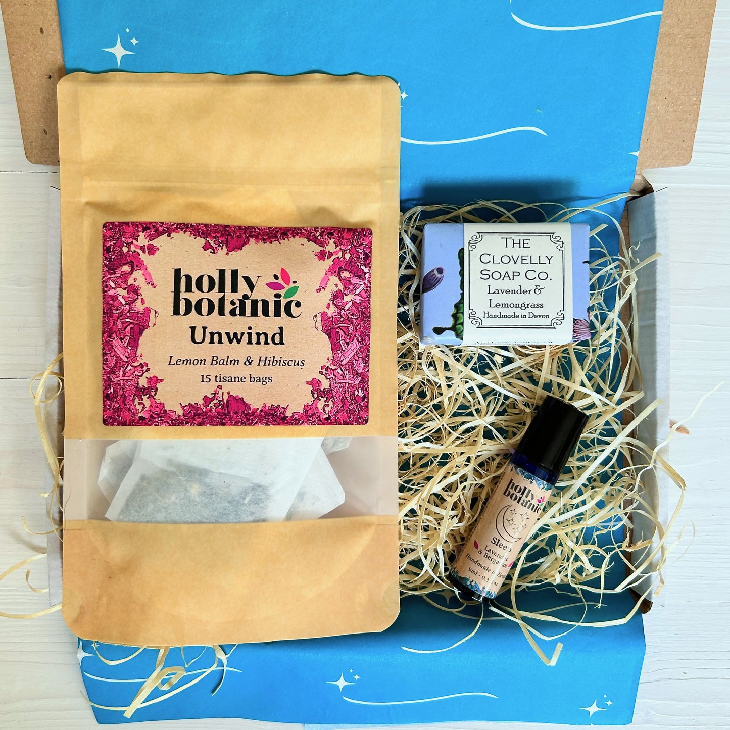 Calming Gift Set with herbal unwind tea, aromatherapy roll on and artisan lavender soap