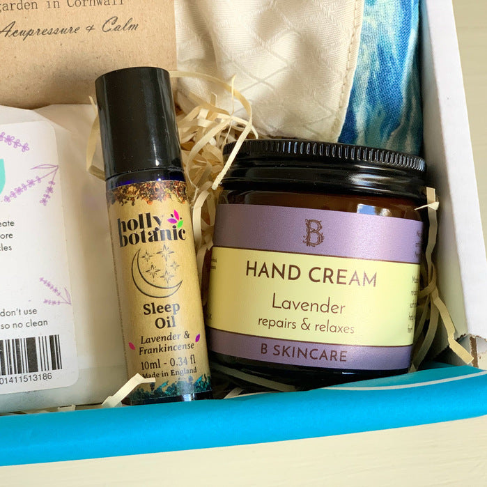 Lavender natural sleep oil and handmade hand cream in Sand and Sparkle Wellbeing Gift Box